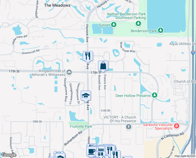 map of restaurants, bars, coffee shops, grocery stores, and more near 1543 Russell Avenue in Sarasota