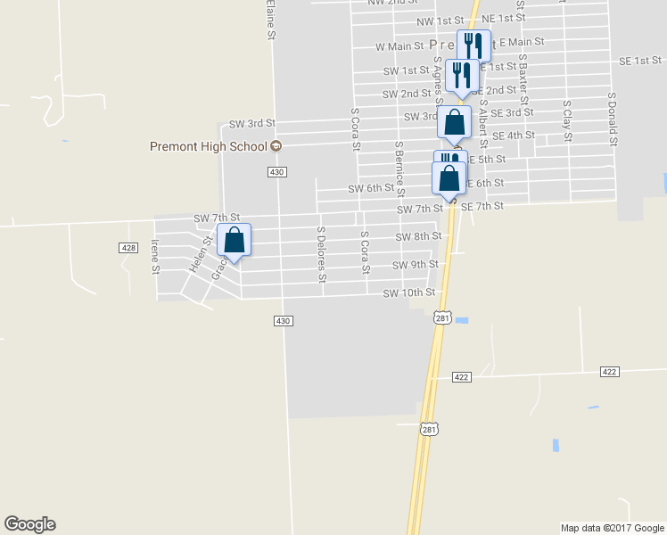 map of restaurants, bars, coffee shops, grocery stores, and more near 445 Southwest 9th Street in Premont