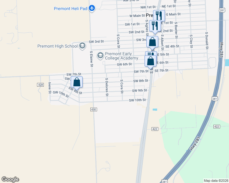 map of restaurants, bars, coffee shops, grocery stores, and more near 445 Southwest 9th Street in Premont