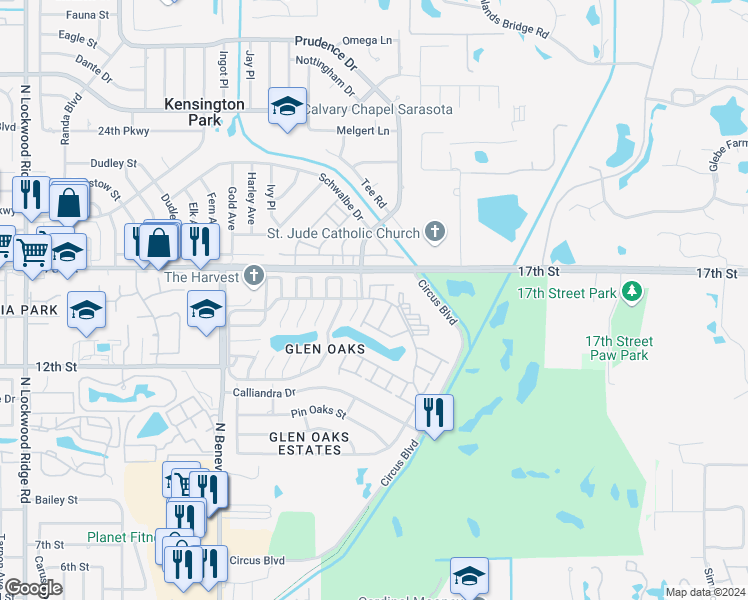 map of restaurants, bars, coffee shops, grocery stores, and more near 3316 Lakeside Road in Sarasota
