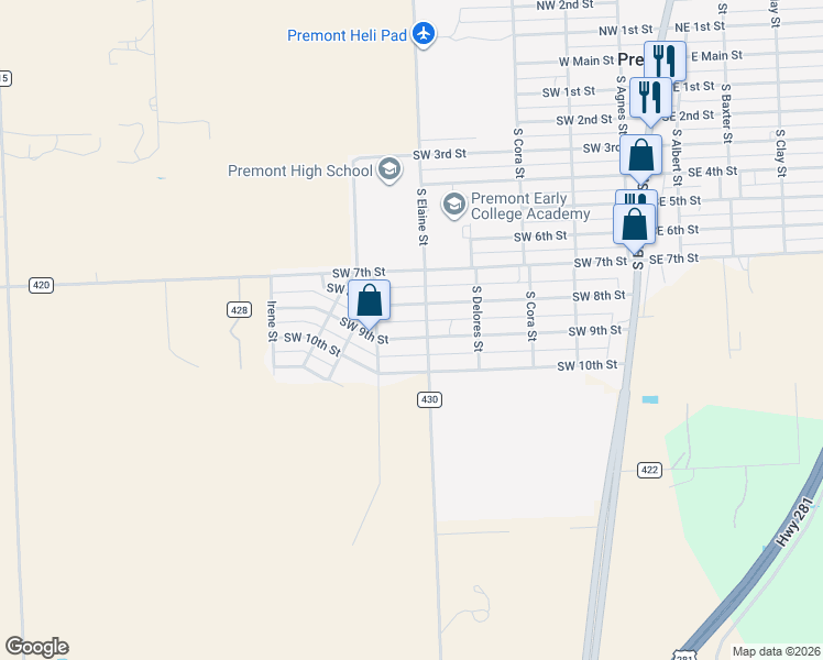 map of restaurants, bars, coffee shops, grocery stores, and more near 614 Southwest 9th Street in Premont