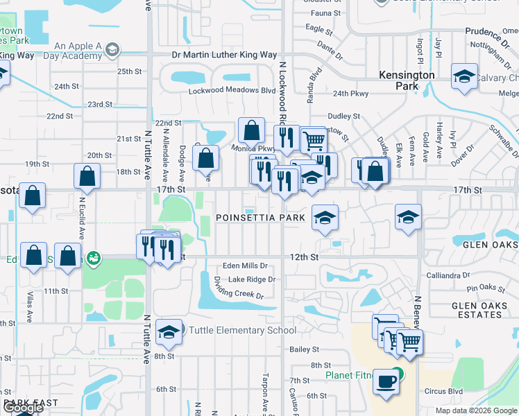 map of restaurants, bars, coffee shops, grocery stores, and more near 1551 North Pompano Avenue in Sarasota