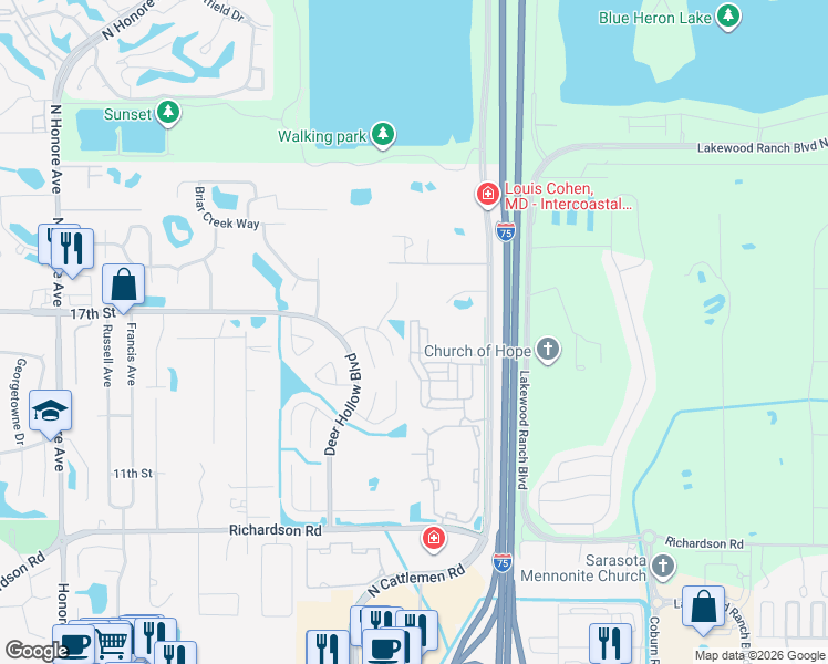 map of restaurants, bars, coffee shops, grocery stores, and more near 1637 Napoli Drive West in Sarasota