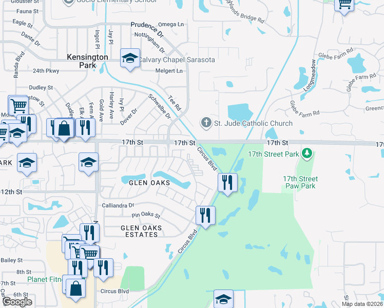 map of restaurants, bars, coffee shops, grocery stores, and more near 1500 Glen Oaks Drive East in Sarasota