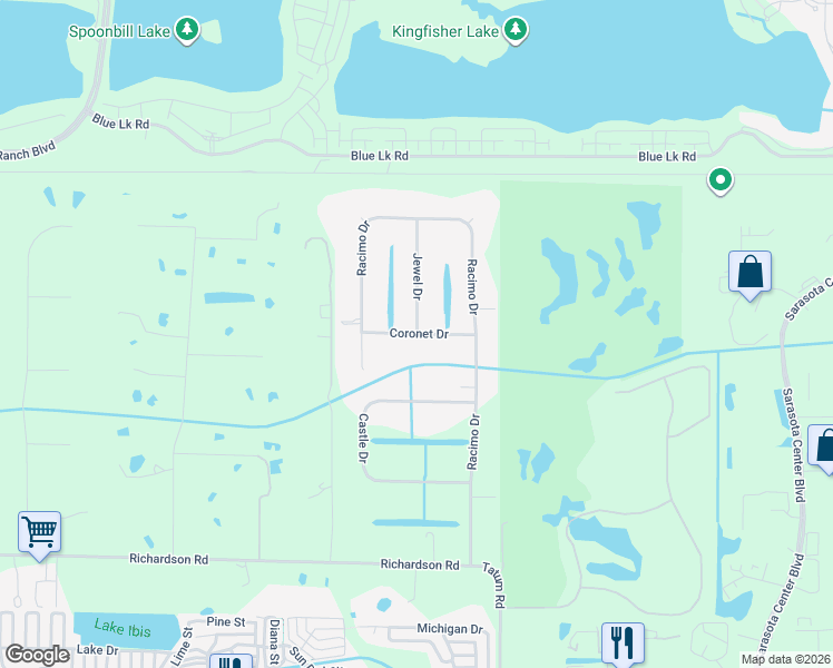 map of restaurants, bars, coffee shops, grocery stores, and more near 7542 Coronet Drive in Sarasota