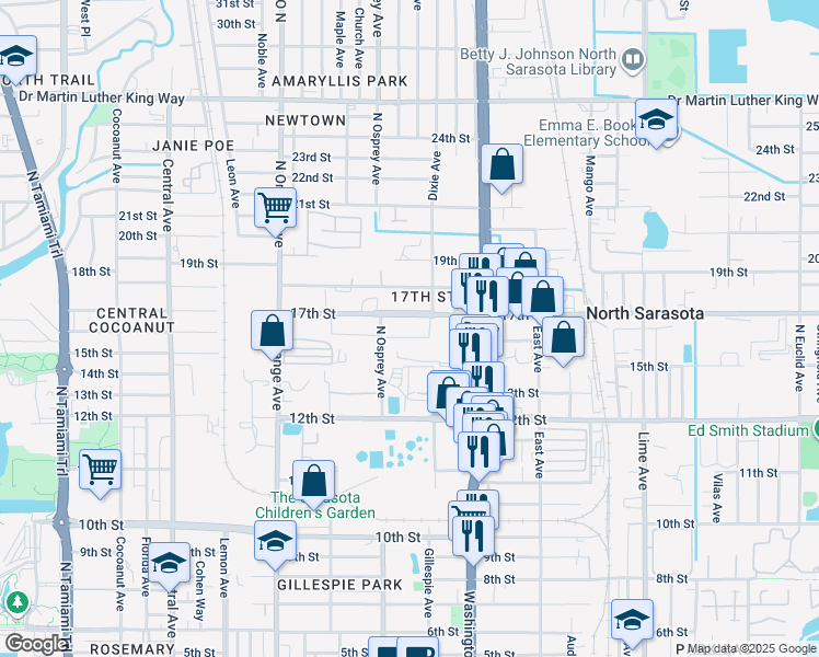 map of restaurants, bars, coffee shops, grocery stores, and more near 1530 N Osprey Ave in Sarasota