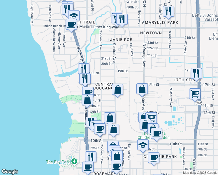 map of restaurants, bars, coffee shops, grocery stores, and more near 1369 17th Street in Sarasota