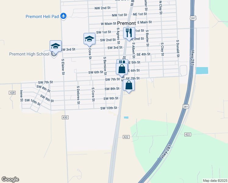 map of restaurants, bars, coffee shops, grocery stores, and more near 226 Southwest 8th Street in Premont