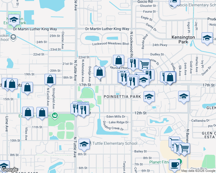 map of restaurants, bars, coffee shops, grocery stores, and more near 1707 North Conrad Avenue in Sarasota