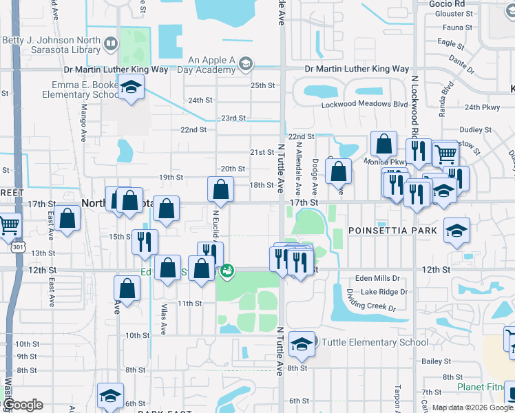 map of restaurants, bars, coffee shops, grocery stores, and more near 2749 17th Street in Sarasota
