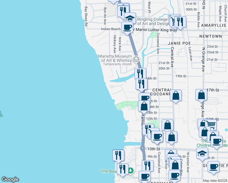 map of restaurants, bars, coffee shops, grocery stores, and more near 950 Whitakers Lane in Sarasota