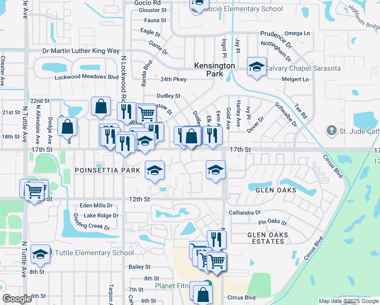map of restaurants, bars, coffee shops, grocery stores, and more near 3460 17th Street in Sarasota