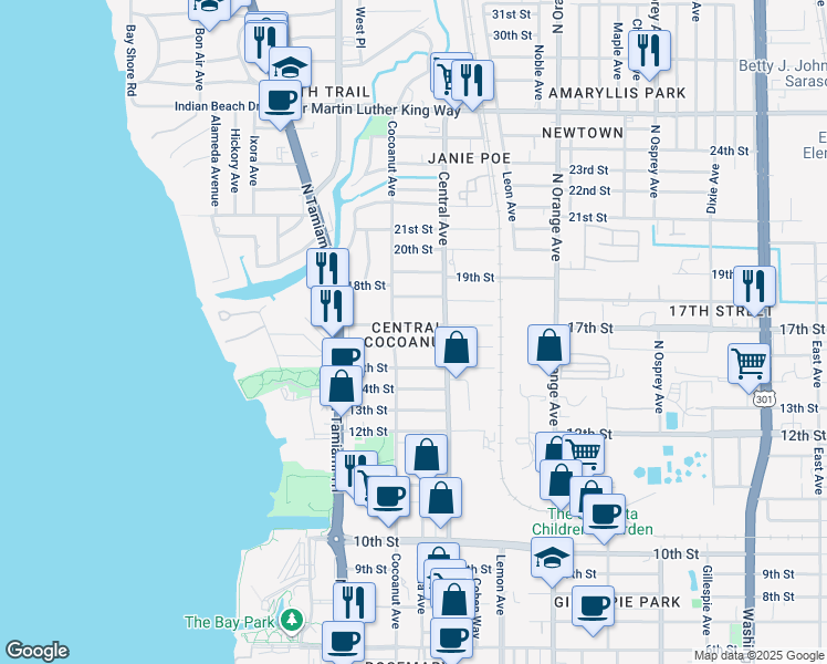 map of restaurants, bars, coffee shops, grocery stores, and more near 1369 17th Street in Sarasota