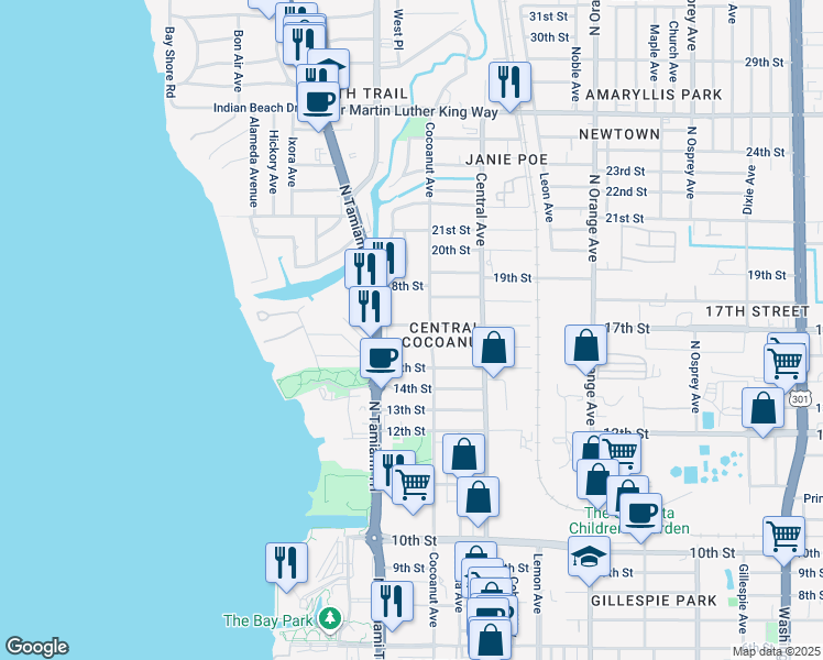 map of restaurants, bars, coffee shops, grocery stores, and more near 1705 Cocoanut Avenue in Sarasota
