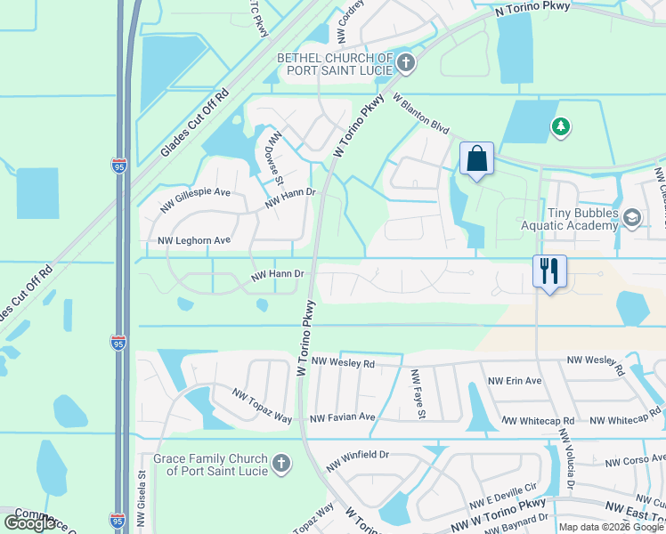 map of restaurants, bars, coffee shops, grocery stores, and more near 5894 Northwest Leah Drive in Port St. Lucie