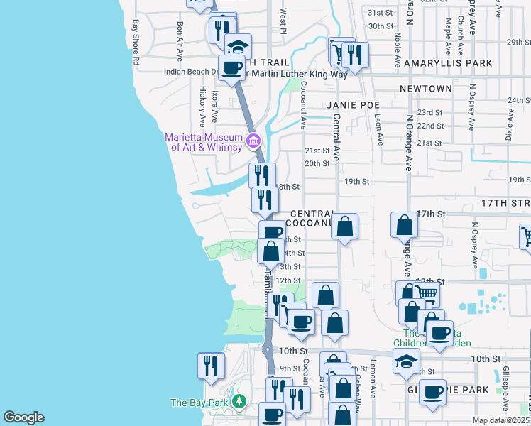 map of restaurants, bars, coffee shops, grocery stores, and more near 1709 North Tamiami Trail in Sarasota