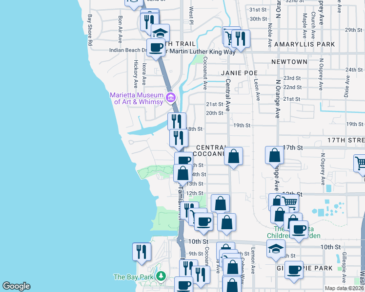 map of restaurants, bars, coffee shops, grocery stores, and more near 1716 North Tamiami Trail in Sarasota