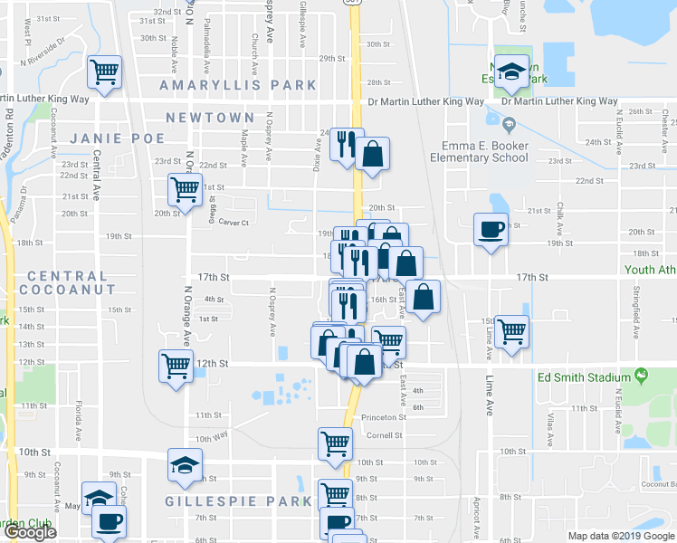 map of restaurants, bars, coffee shops, grocery stores, and more near 1965 17th Street in Sarasota