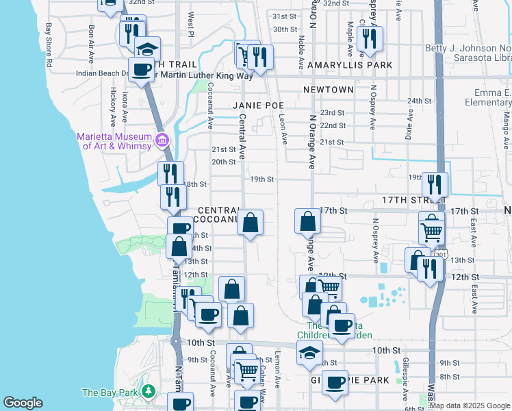 map of restaurants, bars, coffee shops, grocery stores, and more near 1437 17th Street in Sarasota