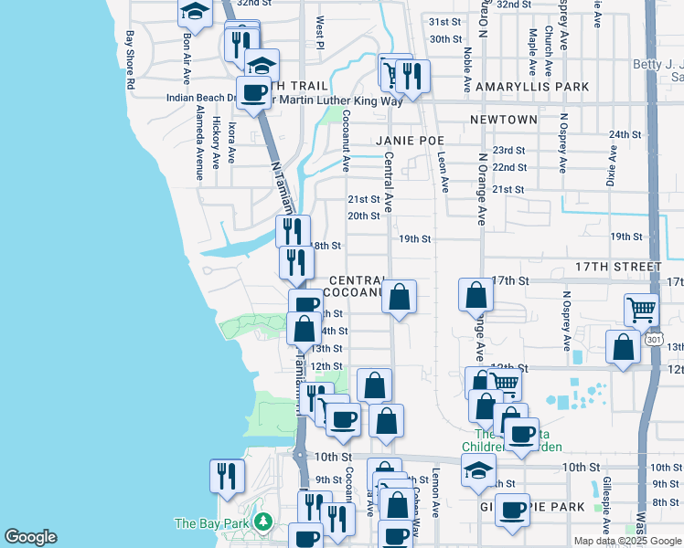 map of restaurants, bars, coffee shops, grocery stores, and more near 1705 Cocoanut Avenue in Sarasota