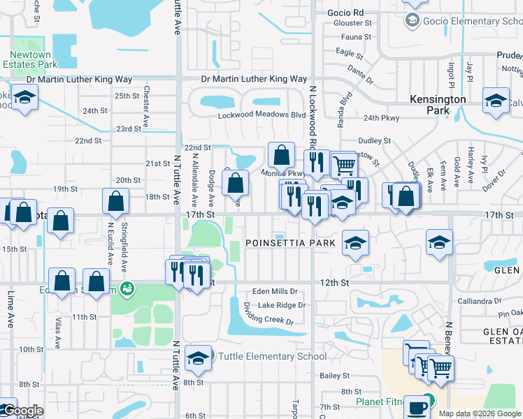 map of restaurants, bars, coffee shops, grocery stores, and more near 1707 North Conrad Avenue in Sarasota