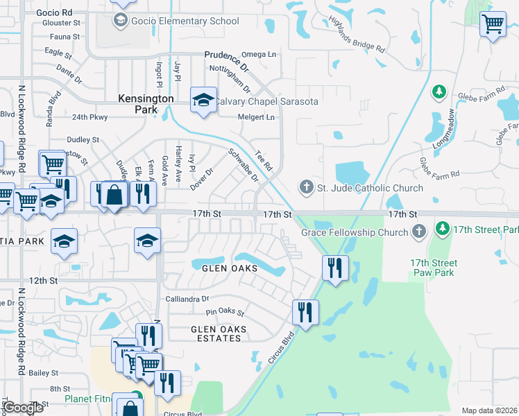 map of restaurants, bars, coffee shops, grocery stores, and more near 4160 Roxane Boulevard in Sarasota