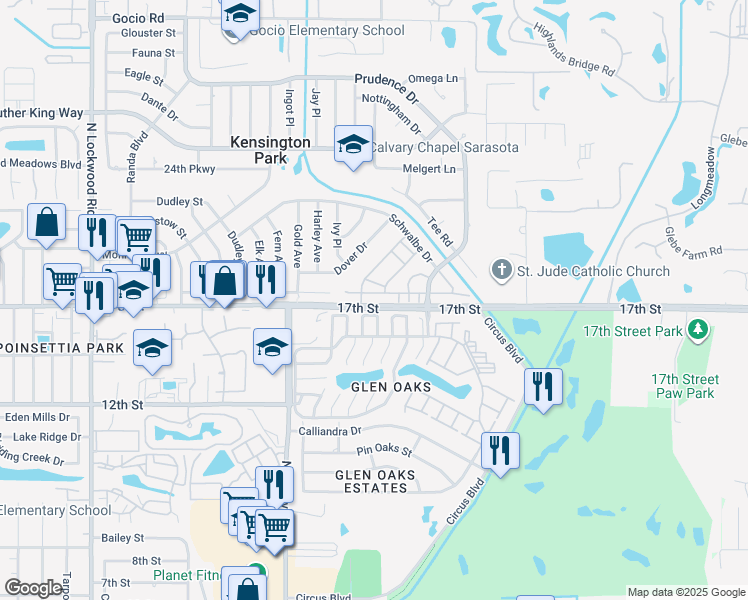 map of restaurants, bars, coffee shops, grocery stores, and more near 3824 Roxane Boulevard in Sarasota