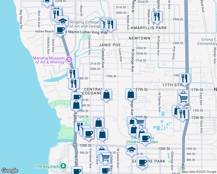 map of restaurants, bars, coffee shops, grocery stores, and more near 1437 17th Street in Sarasota
