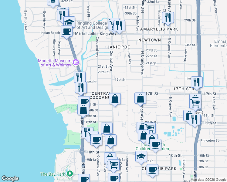 map of restaurants, bars, coffee shops, grocery stores, and more near 1437 17th Street in Sarasota