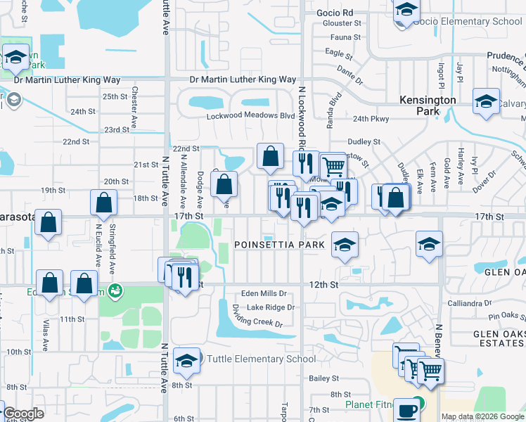 map of restaurants, bars, coffee shops, grocery stores, and more near 1704 North Pompano Avenue in Sarasota