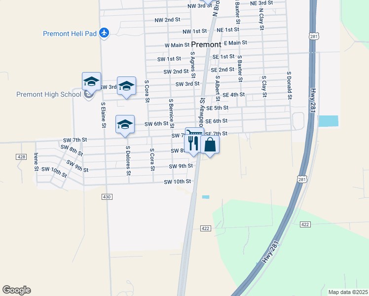map of restaurants, bars, coffee shops, grocery stores, and more near 226 Southwest 8th Street in Premont