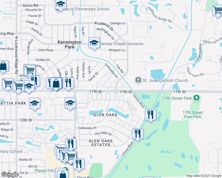 map of restaurants, bars, coffee shops, grocery stores, and more near 4020 Roxane Boulevard in Sarasota