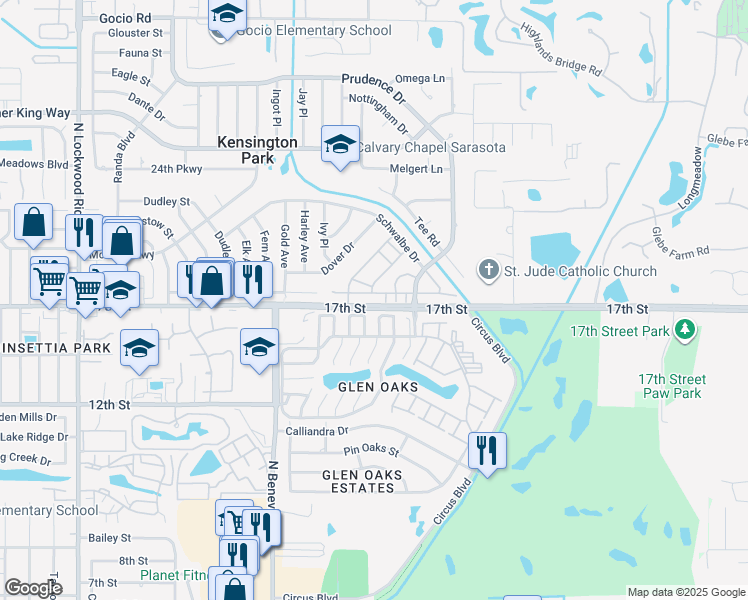 map of restaurants, bars, coffee shops, grocery stores, and more near 4020 Roxane Boulevard in Sarasota
