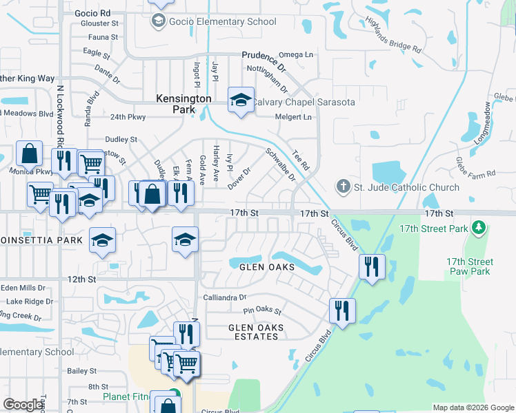 map of restaurants, bars, coffee shops, grocery stores, and more near 3824 Roxane Boulevard in Sarasota