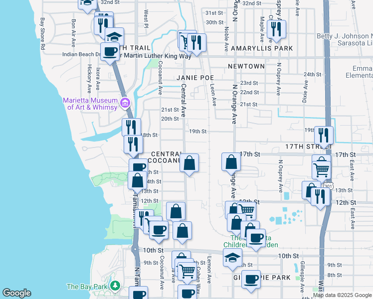 map of restaurants, bars, coffee shops, grocery stores, and more near 1437 17th Street in Sarasota