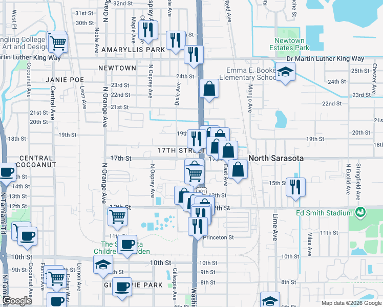 map of restaurants, bars, coffee shops, grocery stores, and more near 1965 17th Street in Sarasota