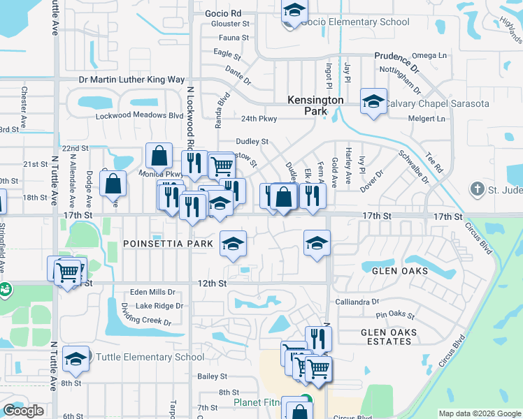 map of restaurants, bars, coffee shops, grocery stores, and more near 3412 Roxane Boulevard in Sarasota