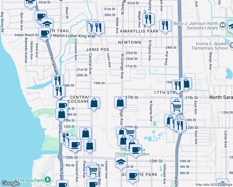 map of restaurants, bars, coffee shops, grocery stores, and more near 1723 North Orange Avenue in Sarasota