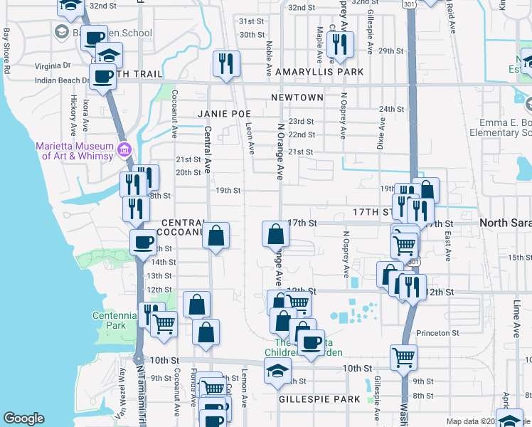 map of restaurants, bars, coffee shops, grocery stores, and more near 1723 North Orange Avenue in Sarasota