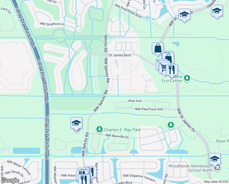 map of restaurants, bars, coffee shops, grocery stores, and more near 5775 Northwest Pine Trail Circle in Port St. Lucie