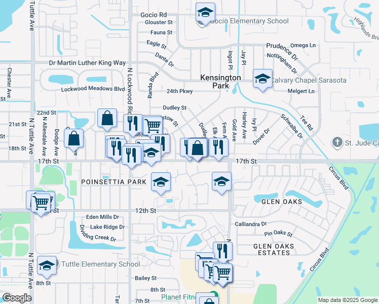 map of restaurants, bars, coffee shops, grocery stores, and more near 3460 17th Street in Sarasota