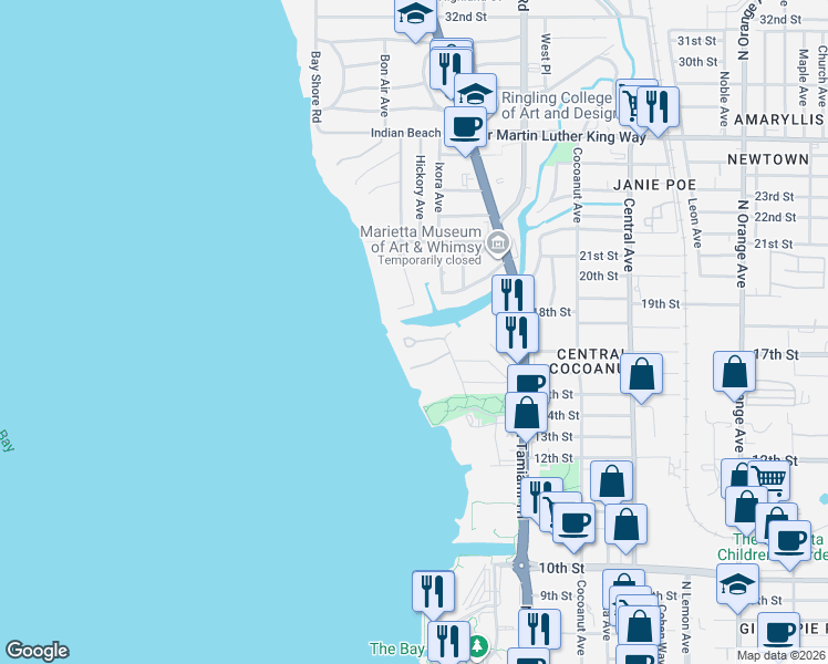 map of restaurants, bars, coffee shops, grocery stores, and more near 945 Whitakers Ln in Sarasota