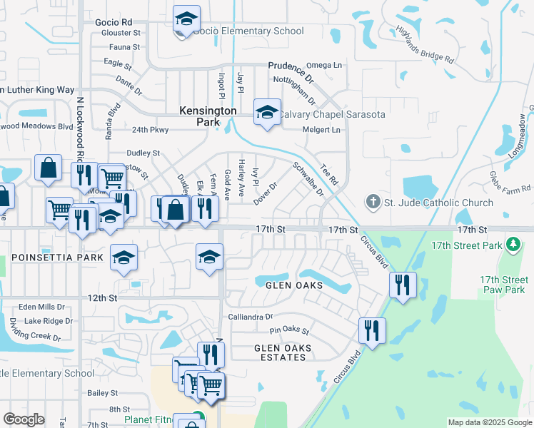 map of restaurants, bars, coffee shops, grocery stores, and more near 3824 Roxane Boulevard in Sarasota