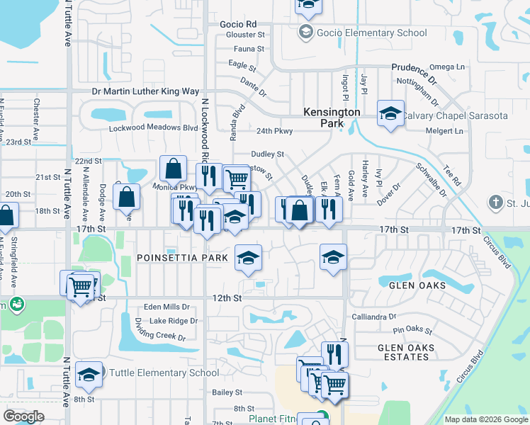 map of restaurants, bars, coffee shops, grocery stores, and more near 3412 Roxane Boulevard in Sarasota