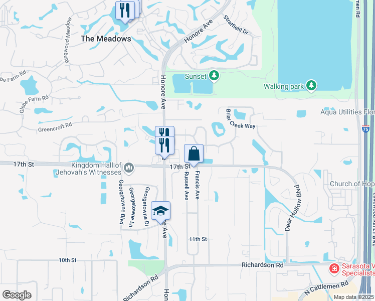map of restaurants, bars, coffee shops, grocery stores, and more near 1837 Wood Hollow Court in Sarasota