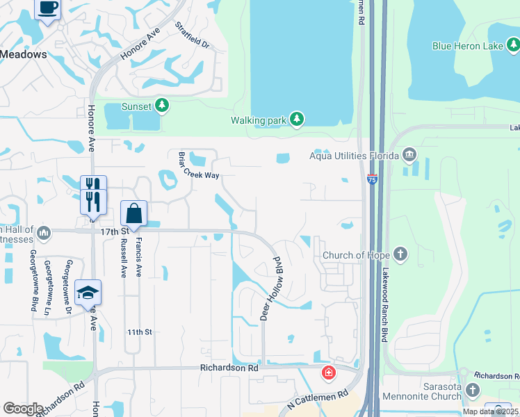map of restaurants, bars, coffee shops, grocery stores, and more near 1746 Briar Creek Lane in Sarasota