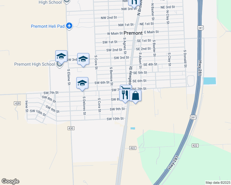 map of restaurants, bars, coffee shops, grocery stores, and more near 222 Southwest 7th Street in Premont