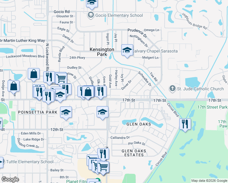 map of restaurants, bars, coffee shops, grocery stores, and more near 3642 Dover Drive in Sarasota