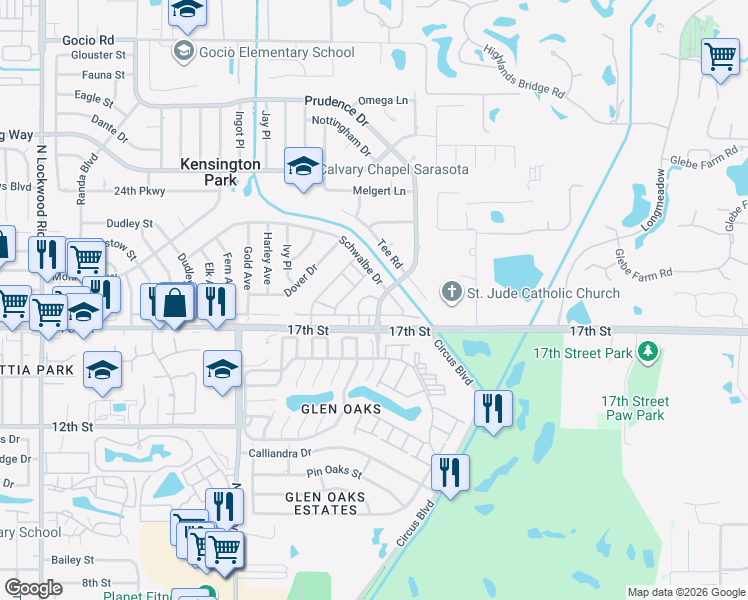 map of restaurants, bars, coffee shops, grocery stores, and more near 4117 Schwalbe Drive in Sarasota