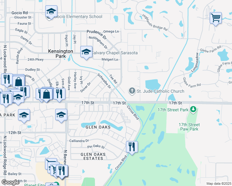 map of restaurants, bars, coffee shops, grocery stores, and more near 4209 Schwalbe Drive in Sarasota